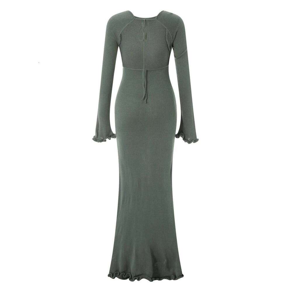 Women's Autumn Winter Knitted Bodycon Sleeve Tie Backless Round Neck Solid Color Ruffle Trim Long Dress Beachwear C260312