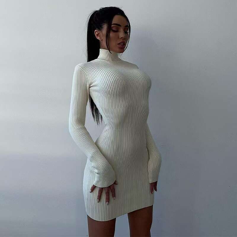 2025 High Neck Long Short Striped Knitted for Women, Solid Color, Tight-Fitting, Sexy, Style, Autumn Winter, European and American Dress C260311