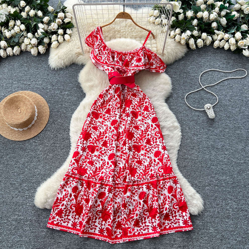 Designer French Exquisite Design Single Shoulder Strap a23 Ruffle Tie Printed Women's Dress Elegant and Fashionable