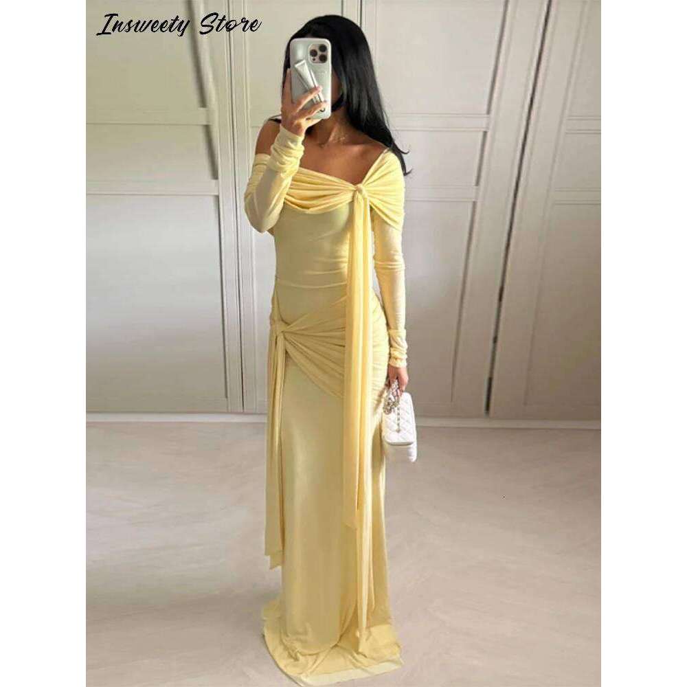 Elegant Solid Lace Up Dress Women's Off The Shoulder Long Sleeve Draped Dresses 2026 Spring New Female Chic Party Robes C260311