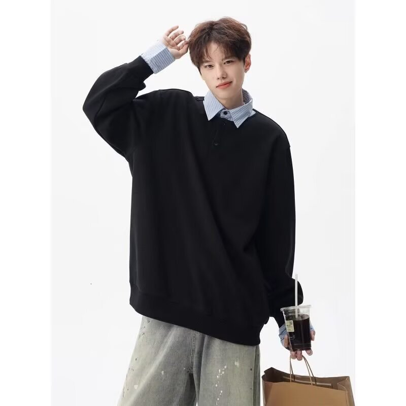 Two-tone Fake Two-piece Sweatshirt With Shirt Collar Unisex Autumn Long-sleeve Stylish Design Designer Hoodie Loose Fit Couple's Style Top