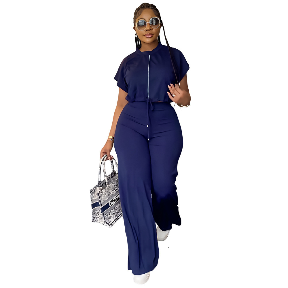 Womens Summer Drawstring Short Top and High-Waisted Slit Pants Two-Piece Set