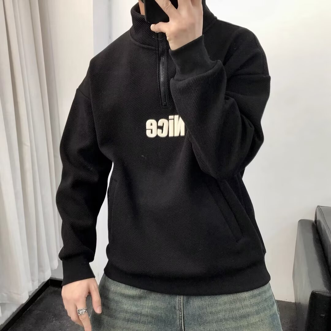 White Minimalist Printed Designer Hoodie Loose-fit Half-high Collar Sweatshirt Autumn New Style Unique Trendy Fashion Casual Men's Top
