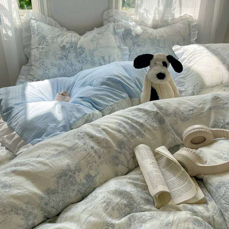 Blue Floral Ruffle Duvet Cover Queen Flower Leaf Comforter Covers 4Pcs Soft Pastoral Garden Washed Cotton Bedding Set H260312