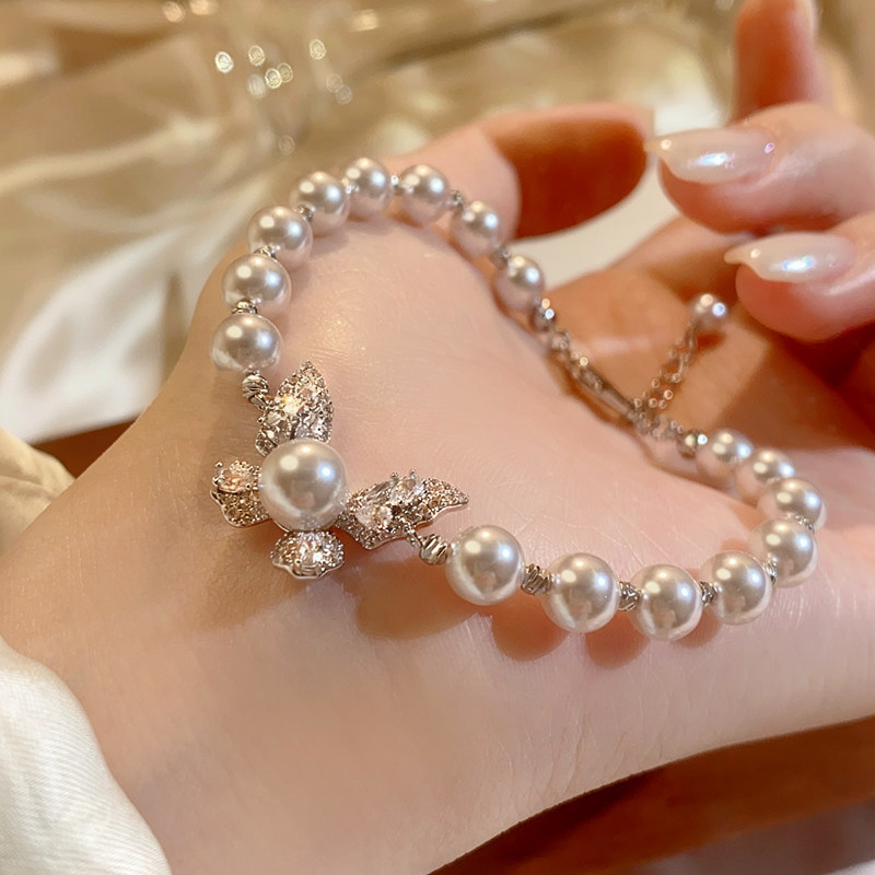 Manta Rose-Colored Pearl Bracelet for Women, French Style Micro-Inlaid Zircon Butterfly Bracelet, Niche Accessories Wholesale