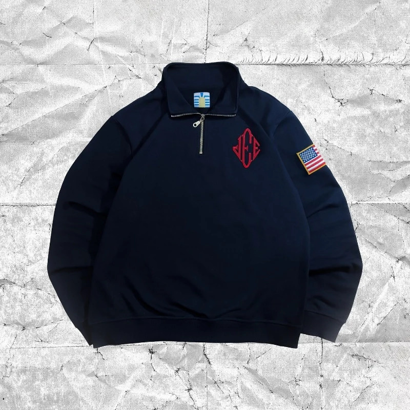 Y2K America Retro Embroidery Pullover White Quarterzip Stand Collar Polo Shirt Sweatshirt Casual Men Clotheing 260228