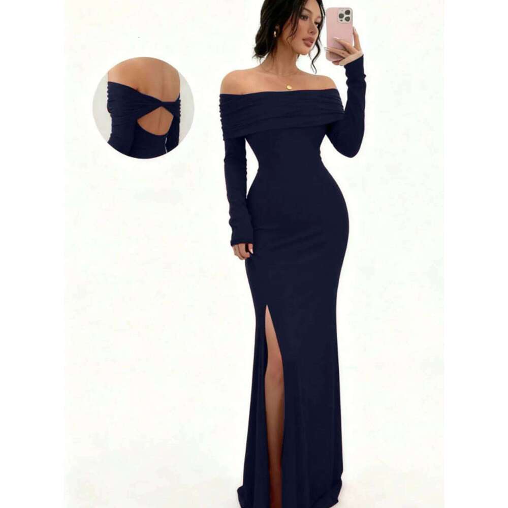 Women's Off-Shoulder Bodycon Dress - Long Sleeve High Slit Bandage Dress, Chic Figure-Hugging Midi C260312