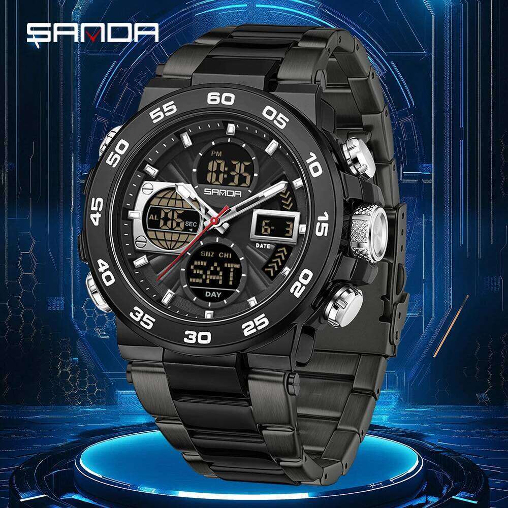 SANDA Luminous Dual Screen Multi functional Outdoor 3 Time Zones Sports Waterproof Men's Electronic Quartz Watch montre