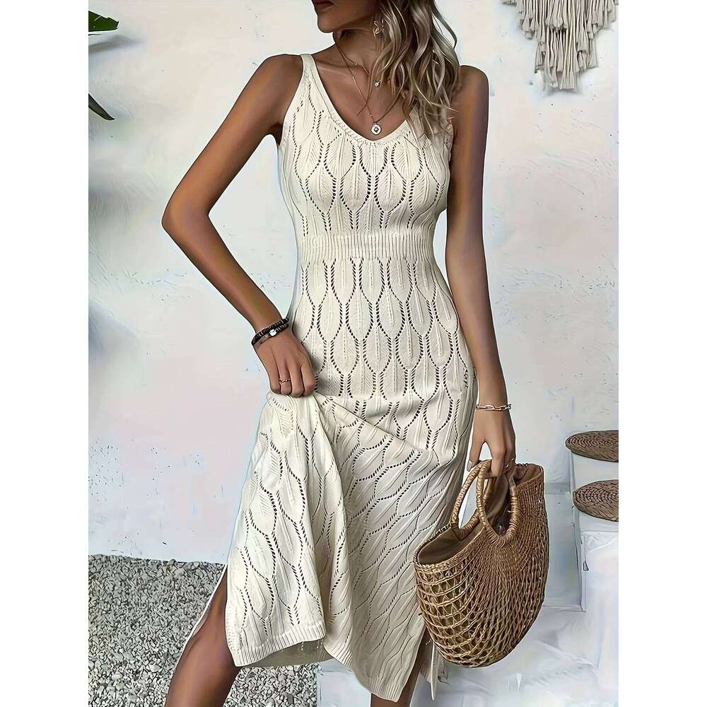 Knitted mix sleeveless long coat-style sweater dress semi-sheer and unlined C260311