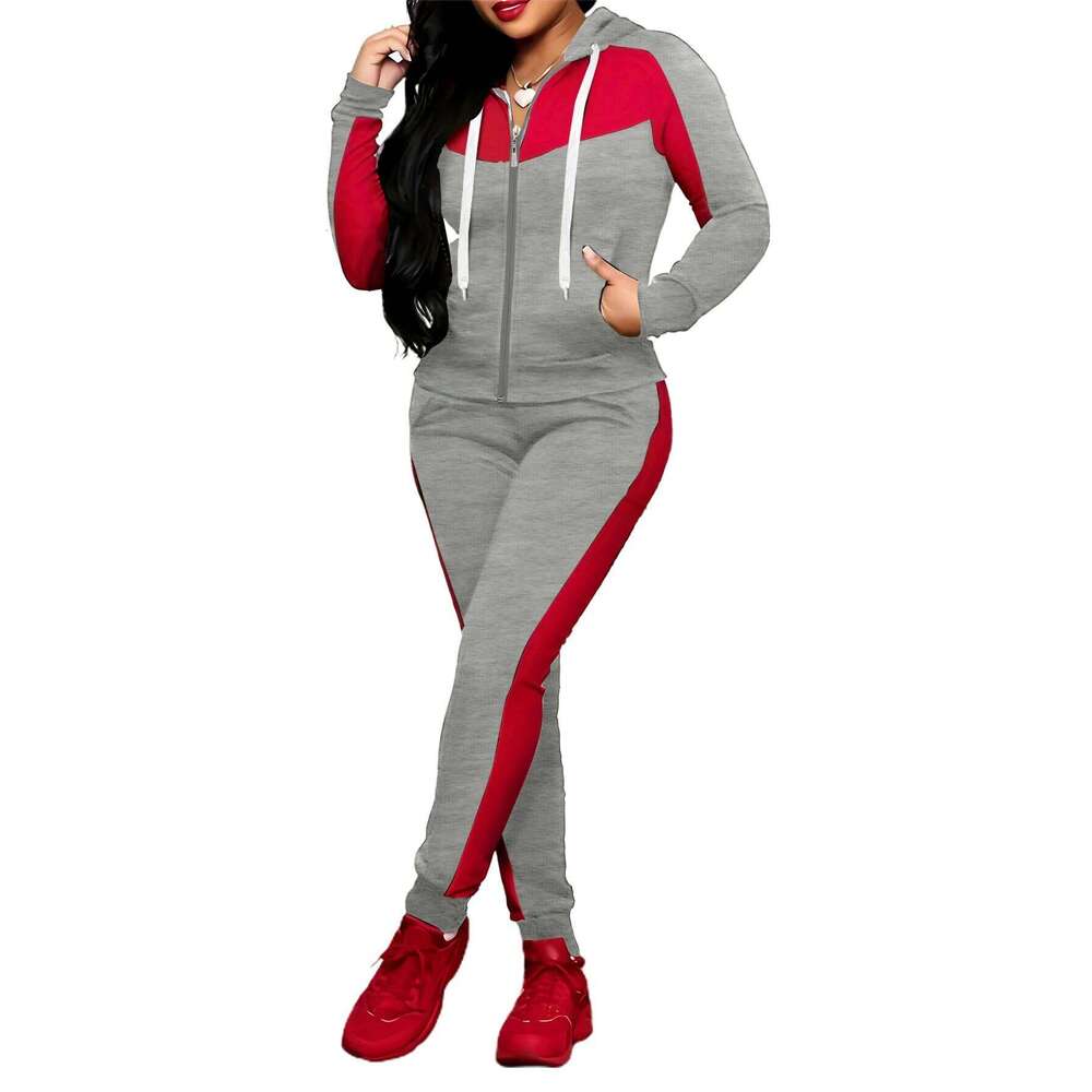 Two-piece Set Women's Colorblock Zip UpHoodie Pocket Pants, Casual Long SleeveHooded Sweatshirt & Jogger Pants for DailyWear, C260312