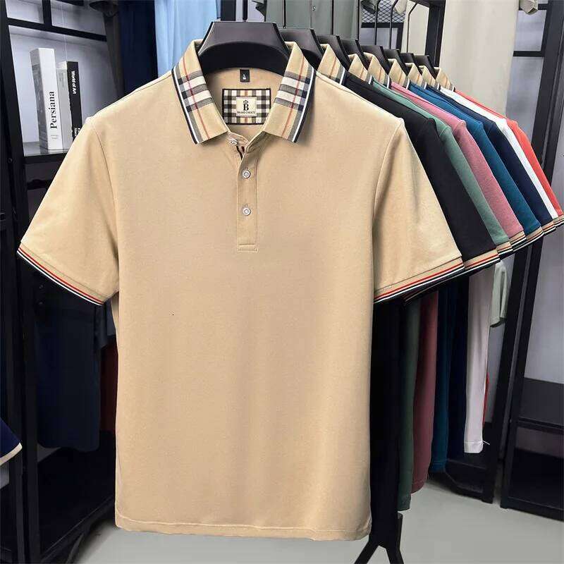 High end silky cotton breathable short sleeve polo shirt men's summer new trend plaid lapel designer brand casual T-shirt 26H0312