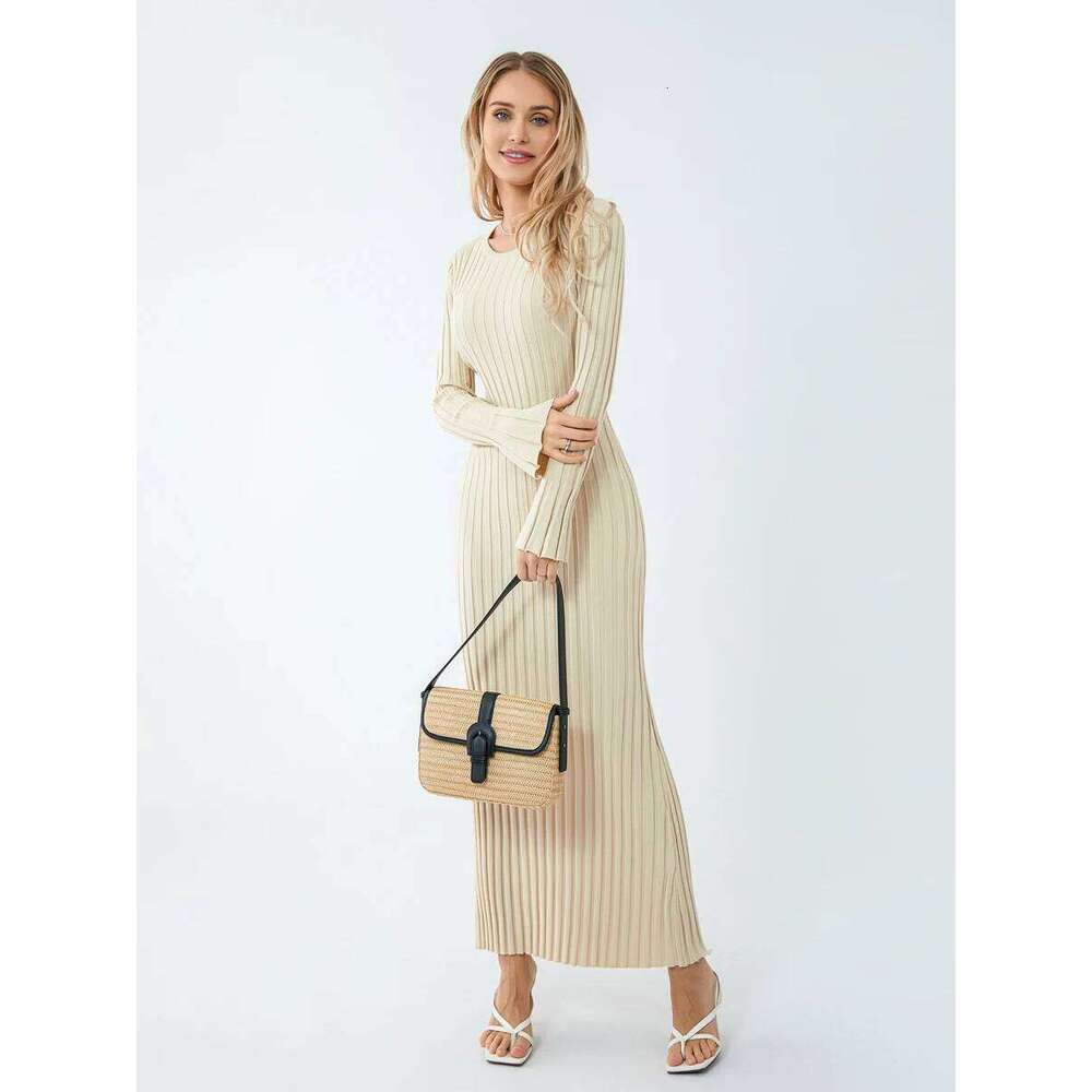 Women Spring Autumn Lace-up Knit Elegant Sleeve Crew Neck Ribbed Solid Color Long Dress Streetwear C260312