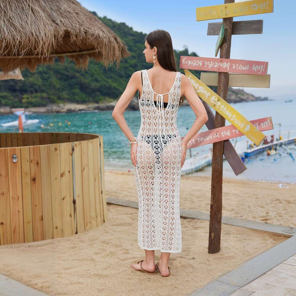 2026 New Designer Women's Solid Color Sexy Knitted Hollow Cover - Up Bikini Swimsuit Beach Dress