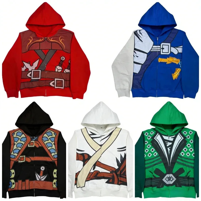 Y2K 2 piece set Anime Character Zipped Hoodie High Street Cosplay Print 5 Colors Daily Wear Trendy wide leg pants streetwear Set 260311