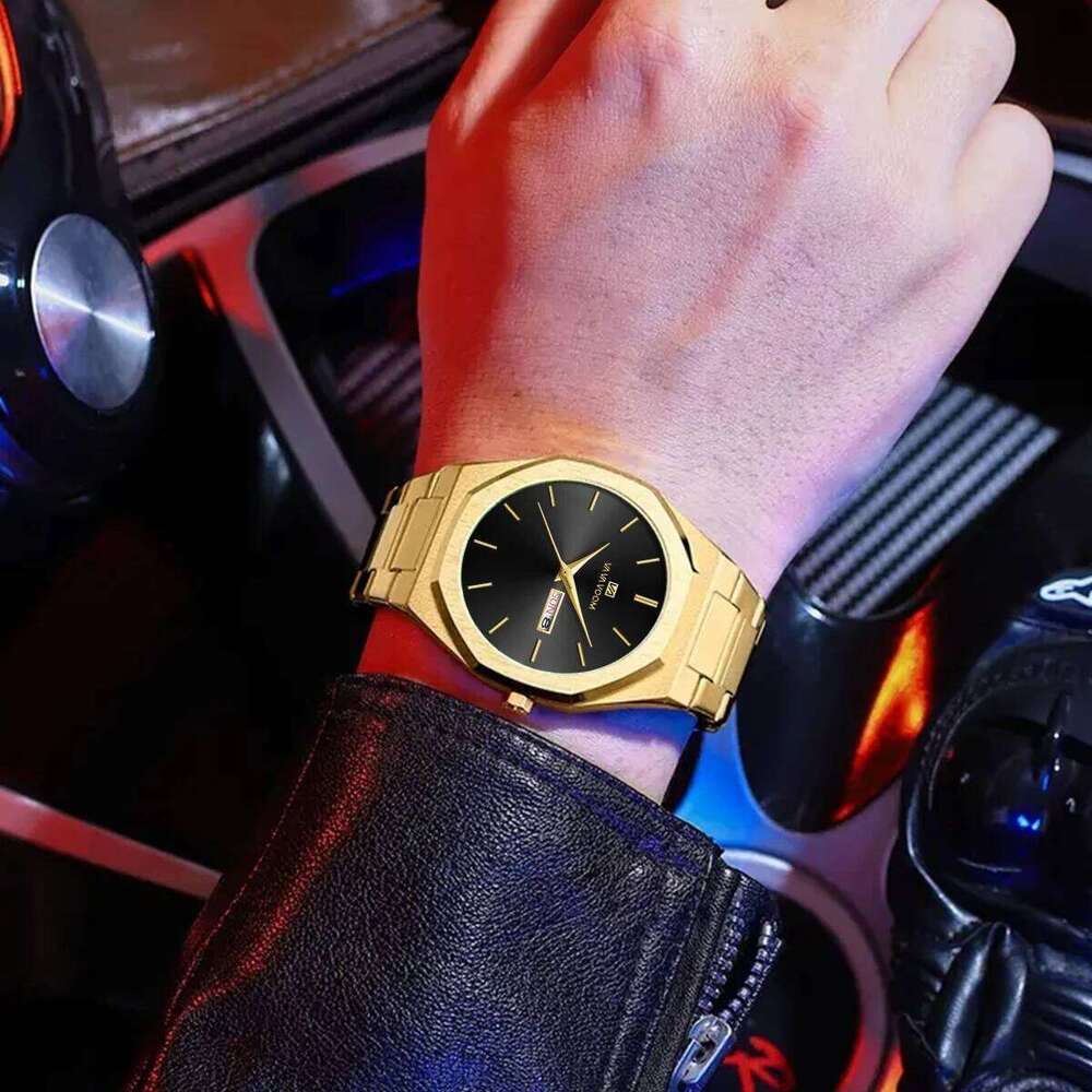 Blue Gold Stainless Steel Octagonal Fashion Business Style Double Calendar Quartz Movement Sports Watch for Men