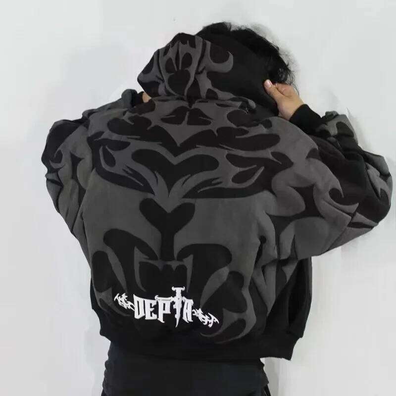 Tiger Gray Men High Street American Retro Hip Hop Y2k Zipper Hooded Sweater Couple Casual Sweatshirt Unisex Tops Newcoat