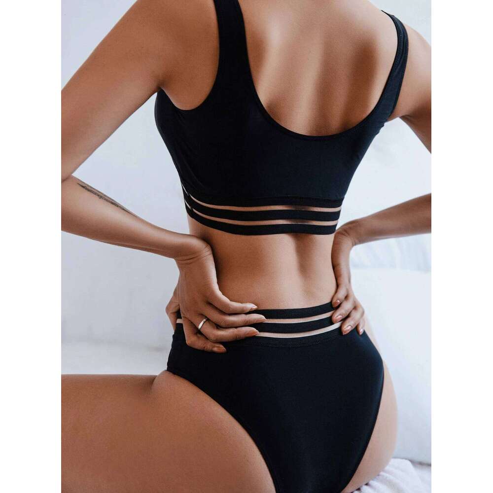 2025 Sexy V Wire Swimsuit Women Solid High Waist Bikini Black Mesh Trim Swimwear Female Padded Bathing Suit Swimming Beachwear Y260303
