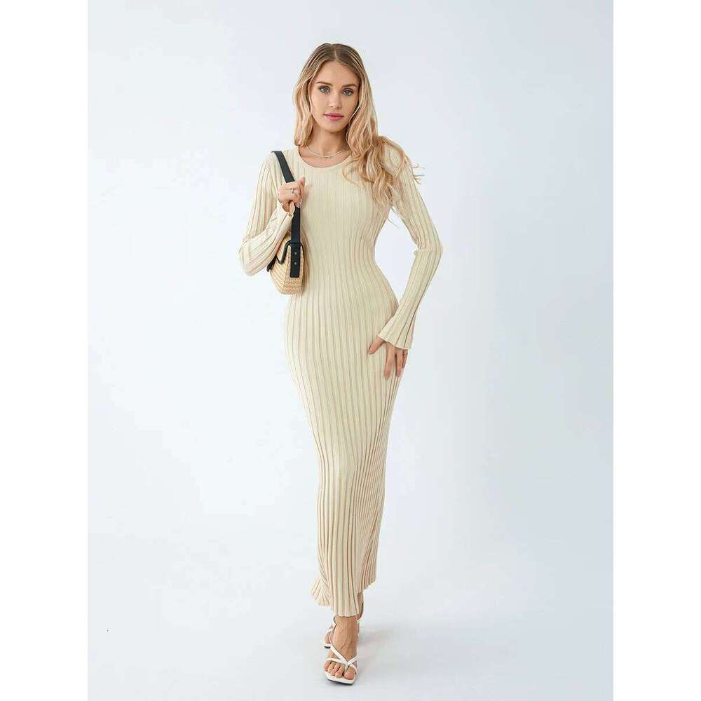 Women Spring Autumn Lace-up Knit Elegant Sleeve Crew Neck Ribbed Solid Color Long Dress Streetwear C260312