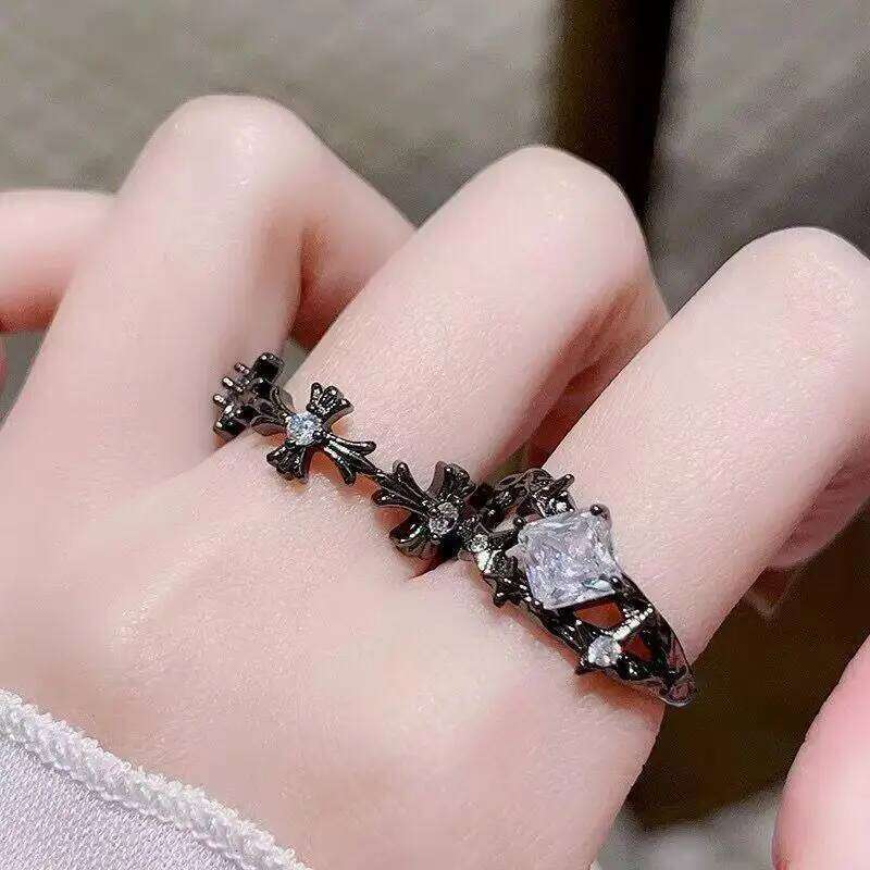 WANZHI 1/2PCS Gothic Black Cross Open Rings for Women and Men Exquisite Imbue Diamond Ring Fashion Jewelry Accessories Gifts W260312
