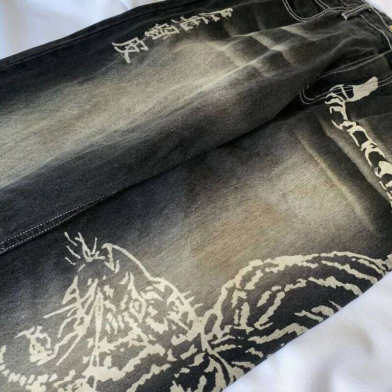 Fashion New Oversized Pattern Baggy Jeans Men Y2K Street Vintage Rock Casual Straight High Waist Wide Leg Trousers 26Y0312
