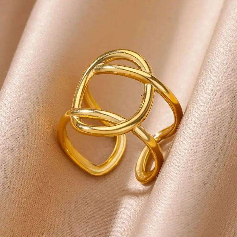 Geometric Double Layer Opening Rings for Women Gold Color Stainless Steel Wedding Adjustable Finger Ring Waterproof Jewelry Gift H260312