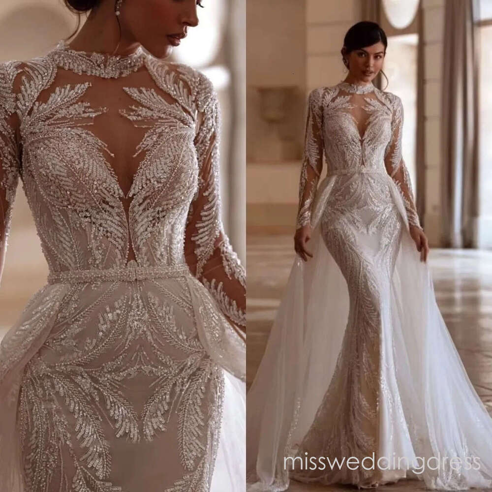 Sparkly Beading Sequins Wedding Dresses Mermaid Bridal Gowns with Overskirts Long Sleeves Customized Princess Sweep Train Bride Dress Vestidos De Novi