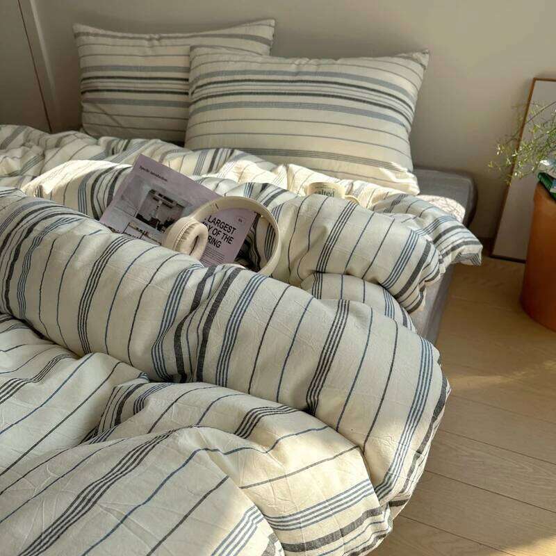 Aimple Stripe Bedding With Pillowcase Sheet Full Size Washed Cotton Duvet Cover Set King Double Single Bed H260312