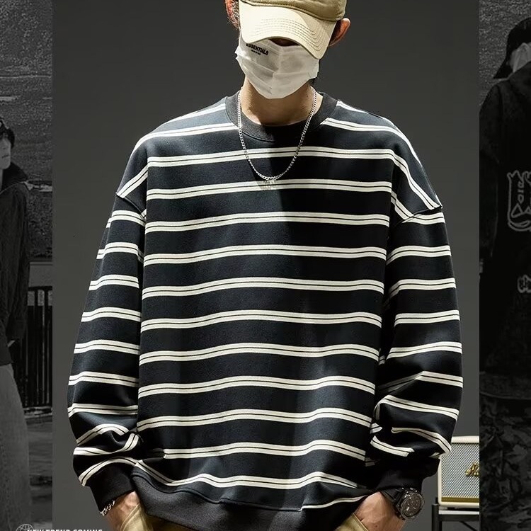 Fashionable Loose Sweatshirt For Men Spring And Autumn College Style Designer Hoodie Retro Trendy Striped Color-block Versatile Couple Top