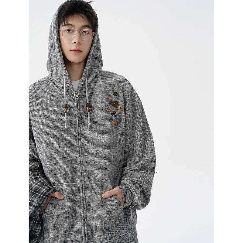 Men Japanese Retro Waffle Knit Hoodie Cardigan Wooden Button Decor Oversized Zipper Front Autumn Casual Outerwear