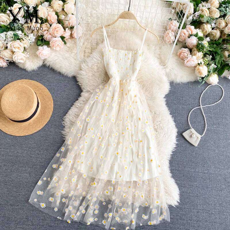 YuooMuoo Korean Fashion Daisy Flower Print Mesh Party Summer Two Layers Spaghetti Strap Vacation Midi Dress Beach Vestidos C260311