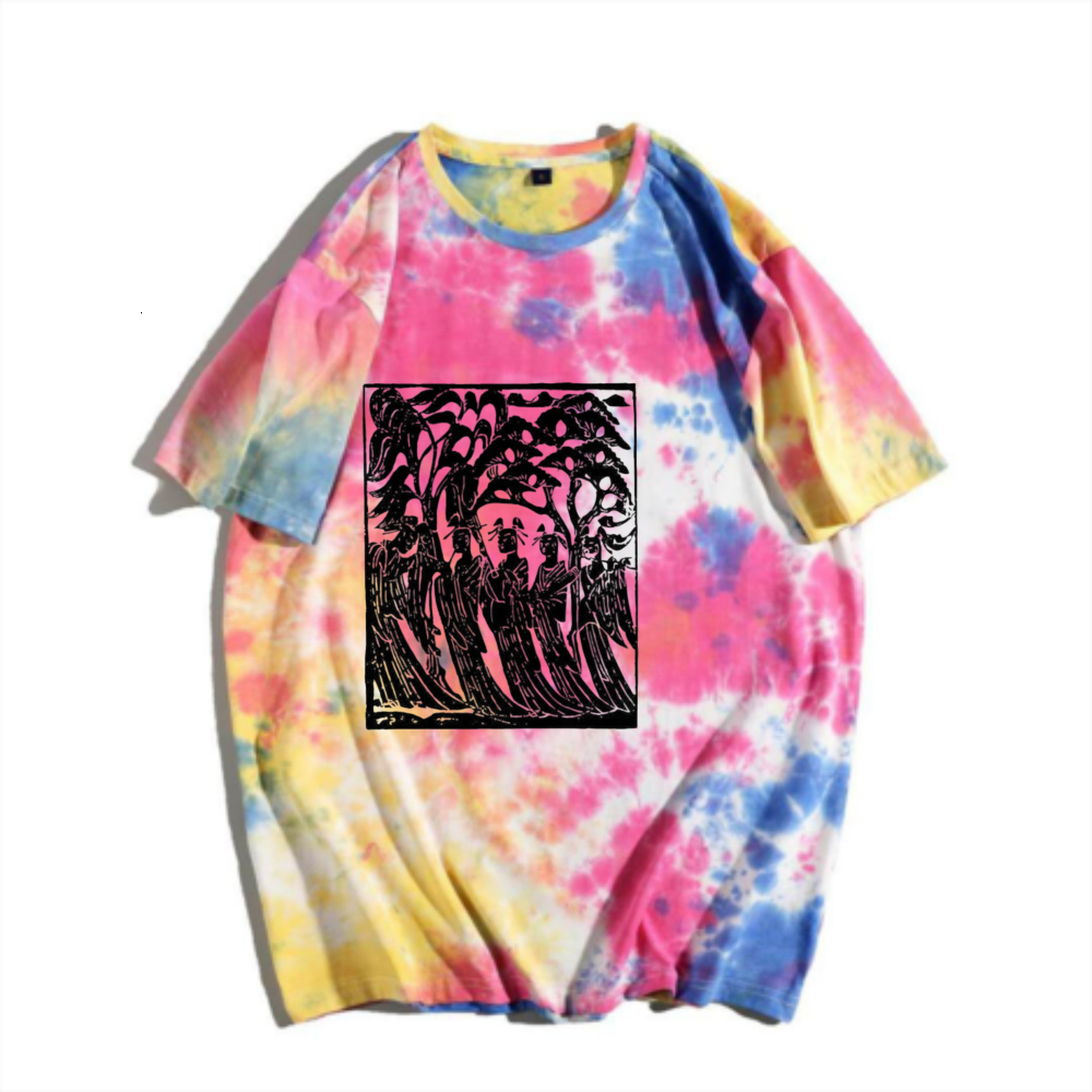 China-Chic New Chinese Print Tie Dyed Short Sleeve T-shirt Rainbow Gradual Change Retro Character Print Men's Summer Versatile Top