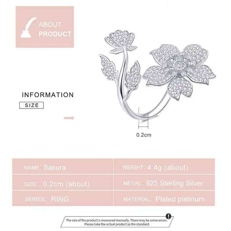 Bamoer 925 Sterling Silver Spring Sakura Opening Finger Flower Adjustable Ring for Women Zircon Fine Jewelry BSR076 H260312