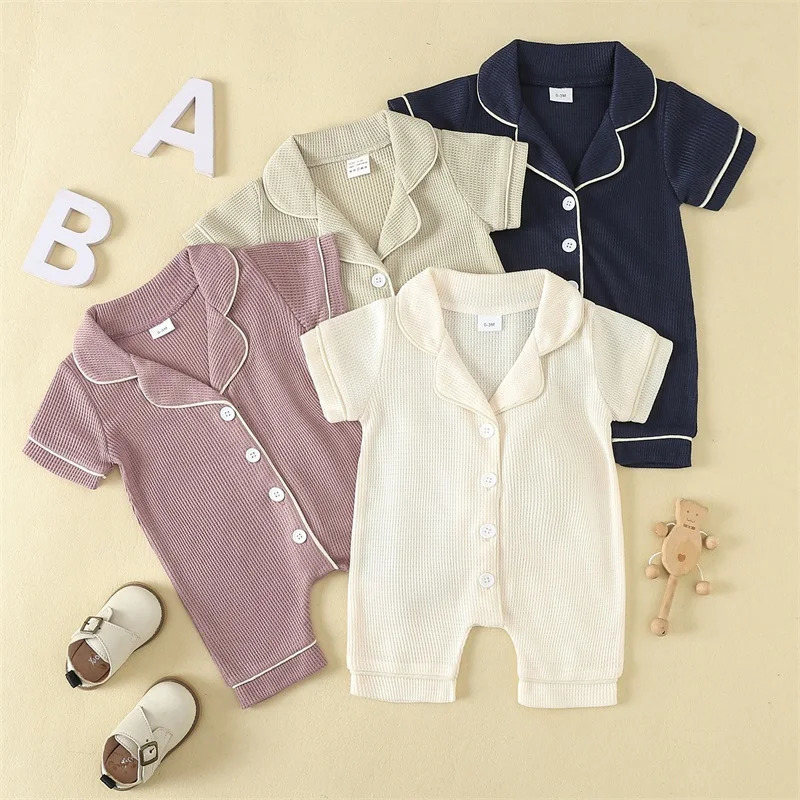 024months Baby Romper Pajama Lapel Neck Short Sleeve Trim Button Down Waffle Jumpsuit Infant Toddler Boys And Girls Sleepwear 260311