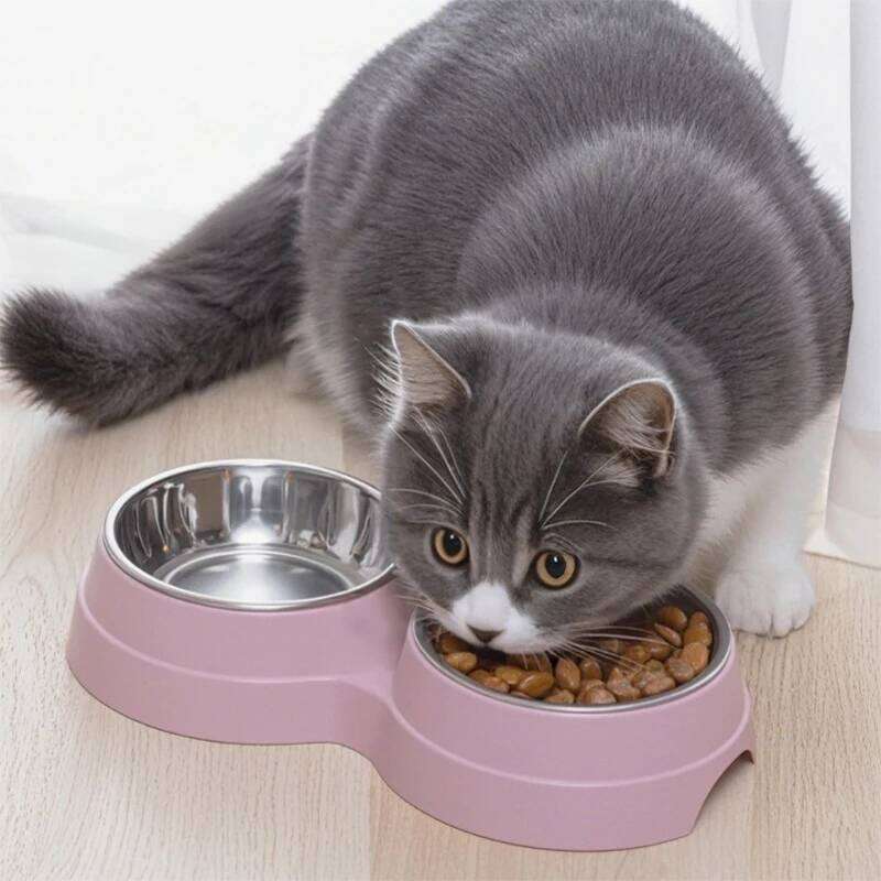 Stainless Steel Double Bowl Wheat Straw Base Dog Cats Feeder Cat Puppy Feeding Food Water Container Dispenser Pet Supplies 26Y0312