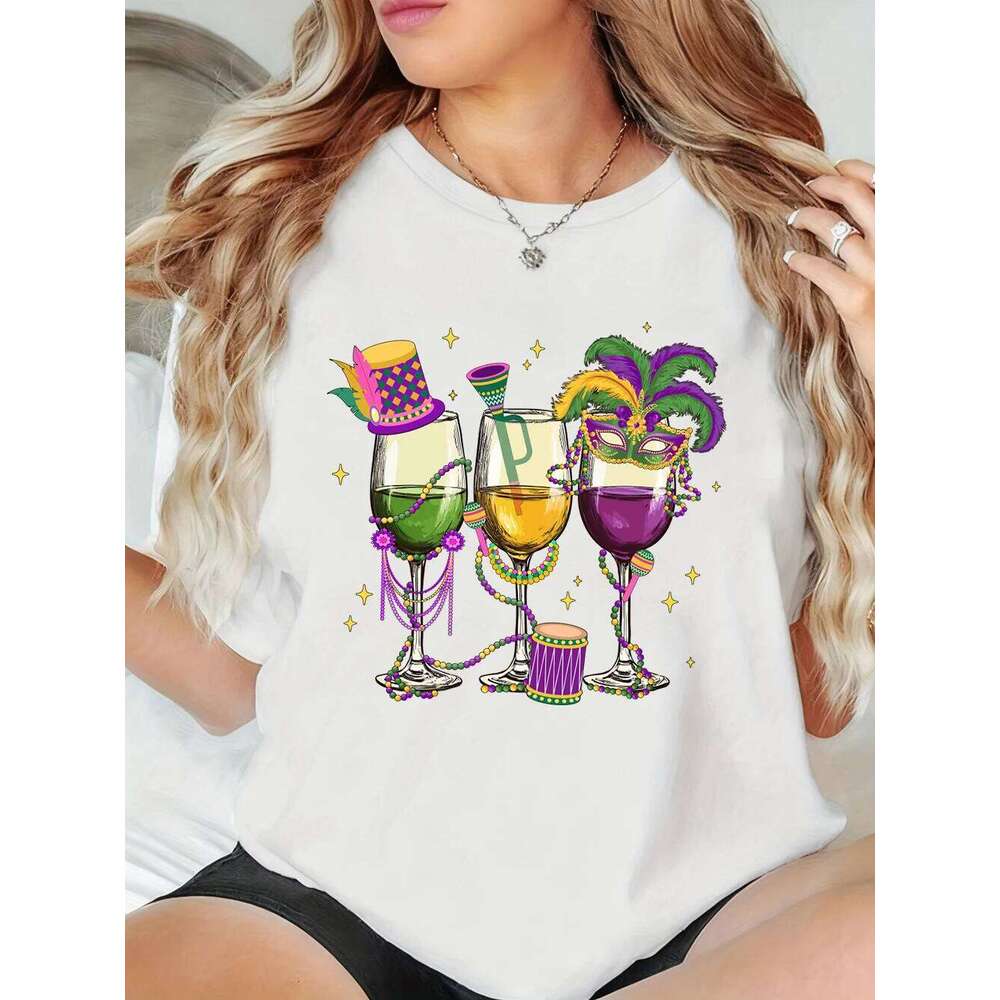 Happy Carnivals Wine Cup Hand Drum Prints T-Shirts Womens Summer T Shirts O-Neck Soft Short Sleeve Tops Casual Loose Clothes Z260312