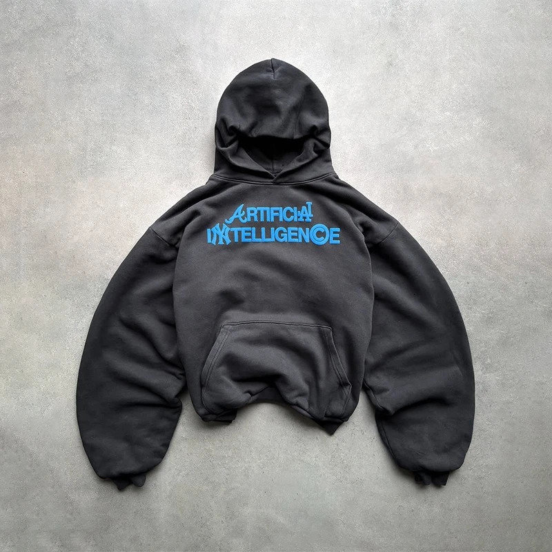 AI Artificial Intelligence Pattern Printing Oversize Black Casual Loose Pullover Hooded Y2K Men Women Trendy Hip Hop Streetwear 260311