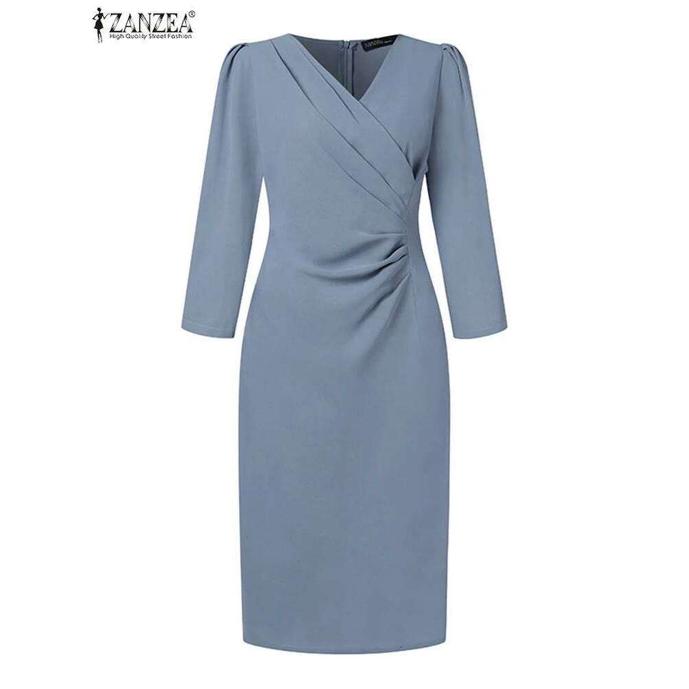 ZANZEA Summer Fashion Womens Dress Sexy Solid Color Knee Length Bodycon Sundress Elegant 3/4 Sleeve V-Neck Work OL Vestidos 2025 C260312