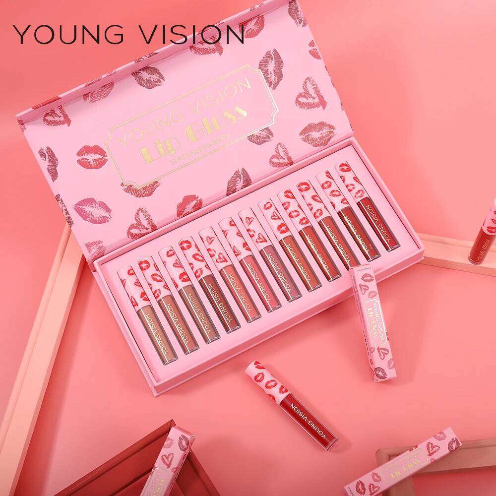 YOUNG VISION 12Pcs/set Lip Glaze Magnet Gift Box Set Matte Non Stick Cup Liquid Lipstick W260311