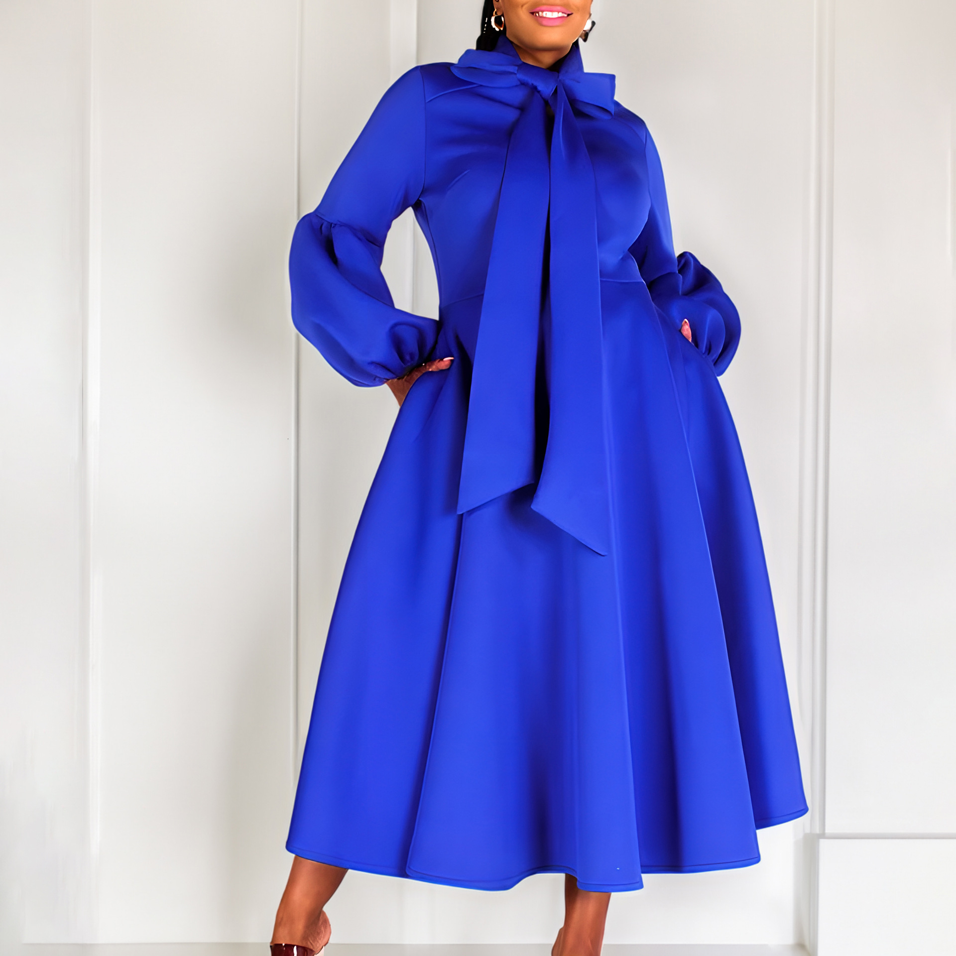 D427 Womens Fashion 2023 New Puff Sleeve Tie High Waist Dress