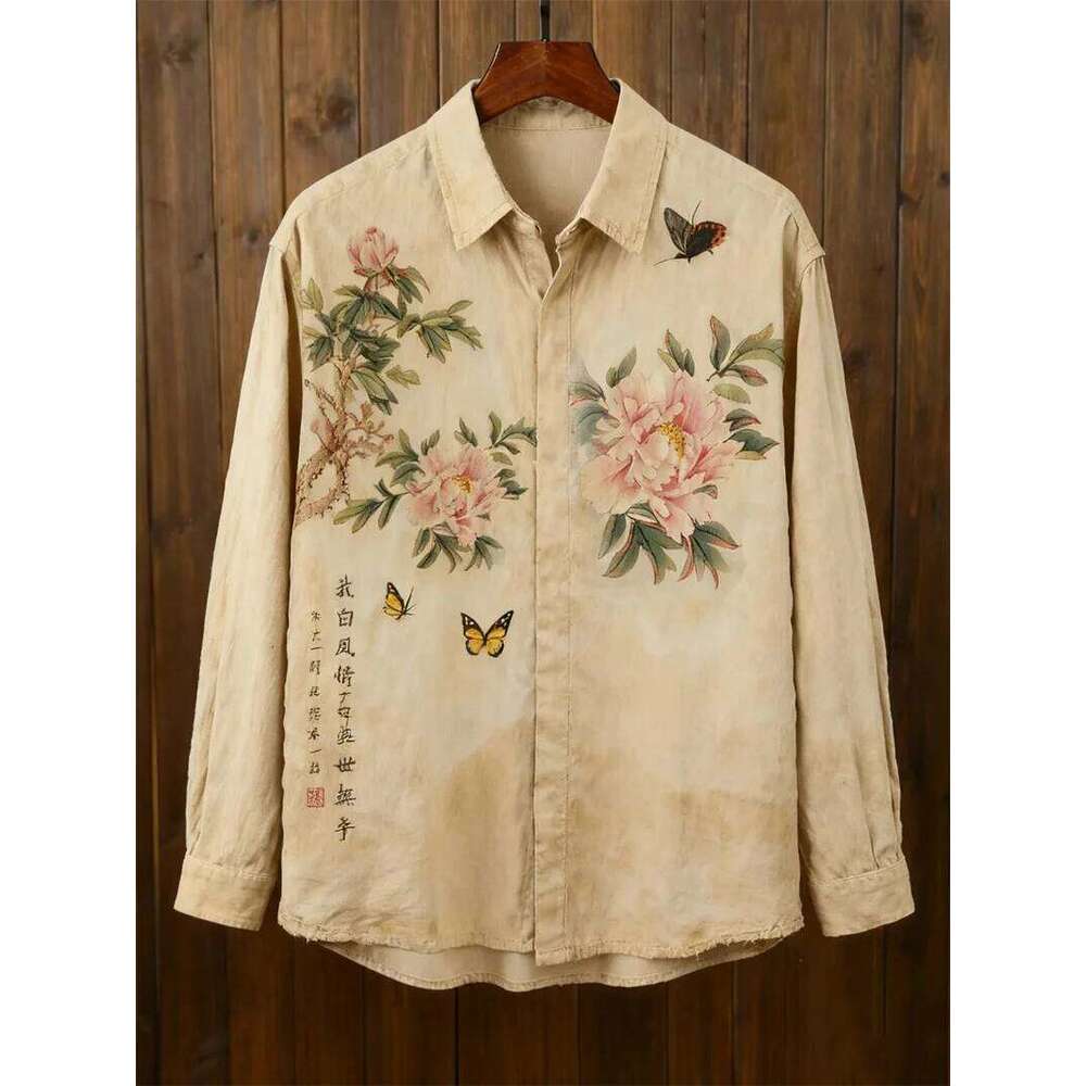 New men's linen casual shirt 3D animal print long sleeved fashionable and comfortable top