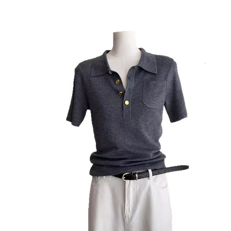 French-style Polo Collar Gray Polo Shirt Knit Top For Women Designer Designer Shirt Hoodie Summer Short Style High-end And Elegant Ice Silk Regular Sh