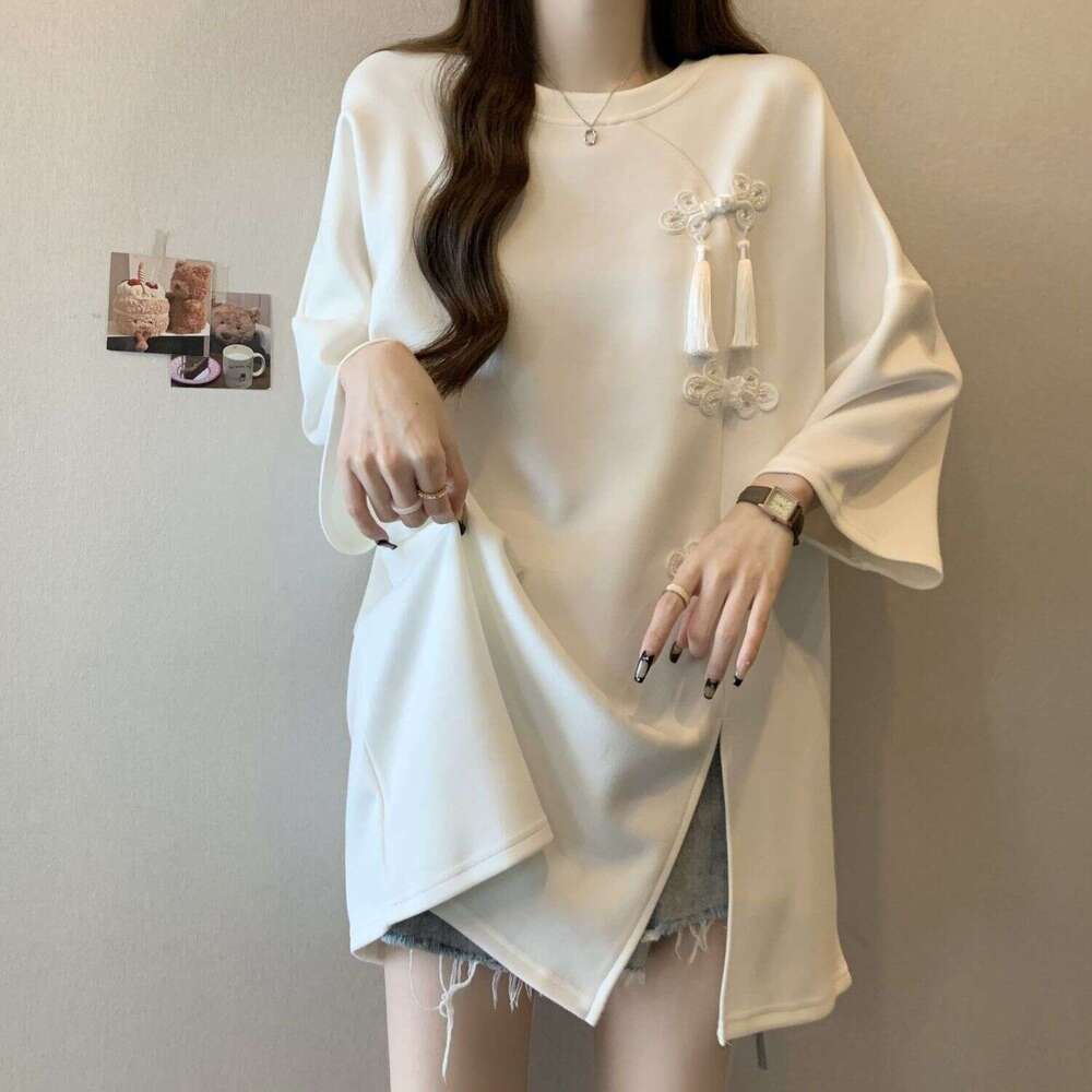 Heavy-Duty Chinese-Style Buttoned Slit Short-Sleeve T-Shirt For Women, 2025 Summer New Style, Loose Fit, Slimming, Extra Large Size 150Kg Top Asia Siz