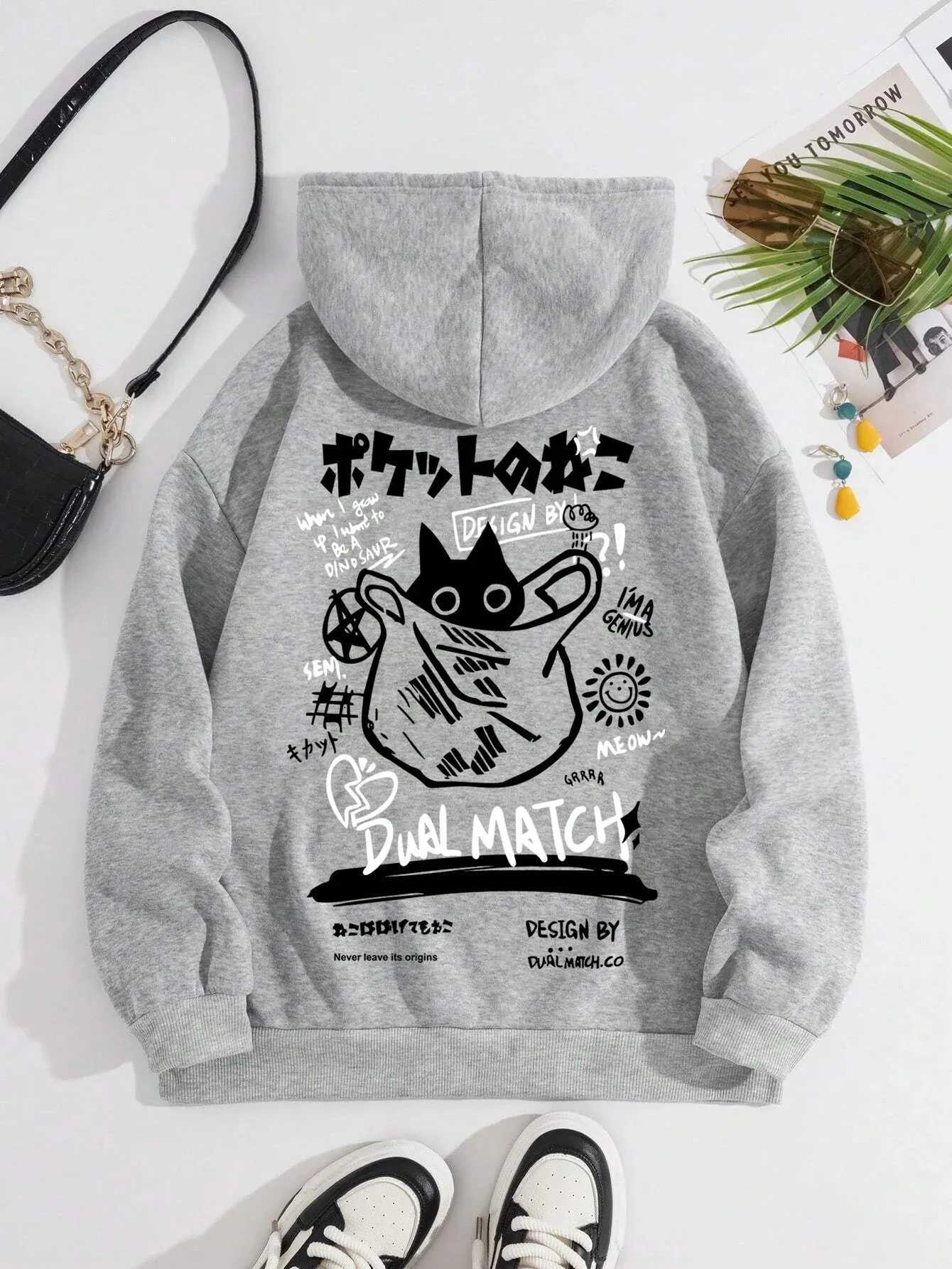2025 unisex printed hooded sweatshirt with black cat letter pattern long sleeved sweatshirt casual and comfortable M260312