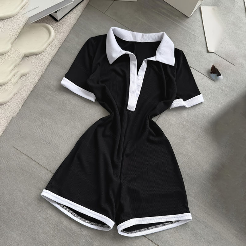 Women's Casual Polo Neck One Piece Romper Short Sleeve Slim Fit Tie Waist Lapel Collar Jumpsuit Shorts For Commute Outdoors