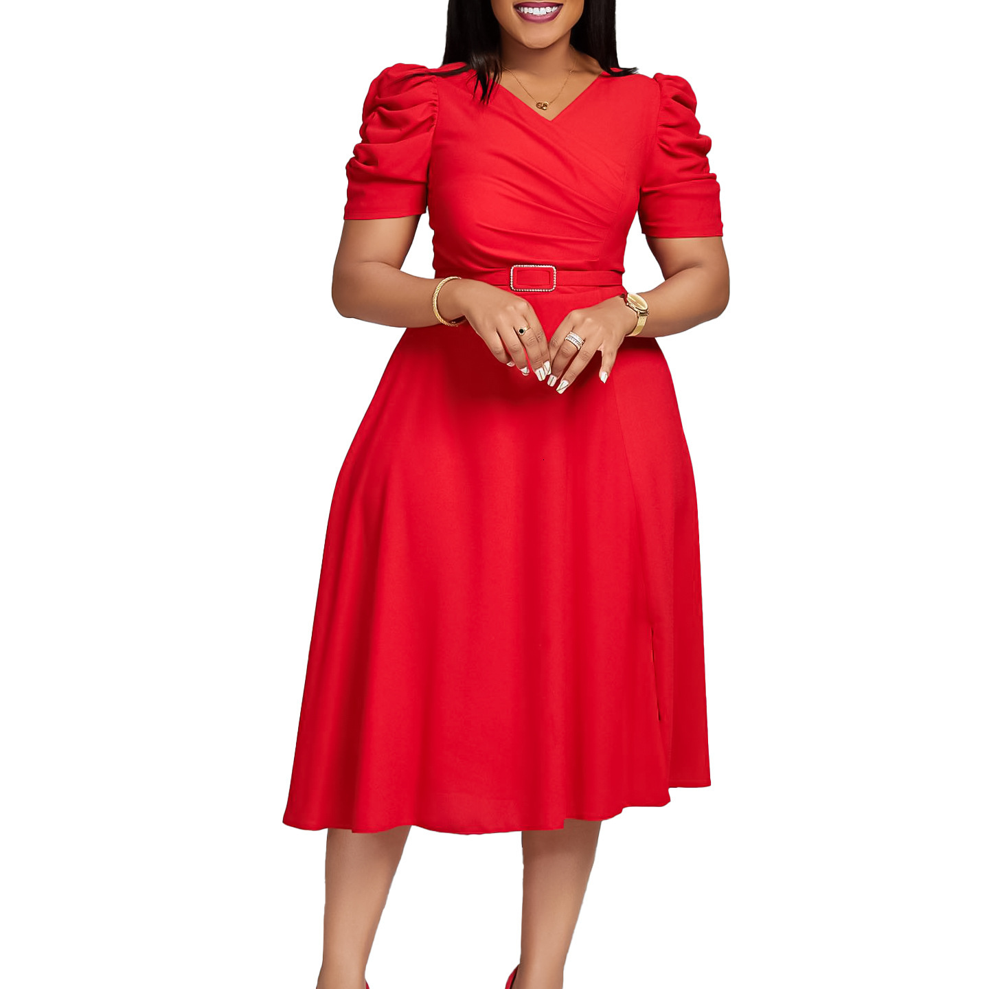 D490 Womens Summer New Fashion Elegant V-neck Pleated Flared Dress
