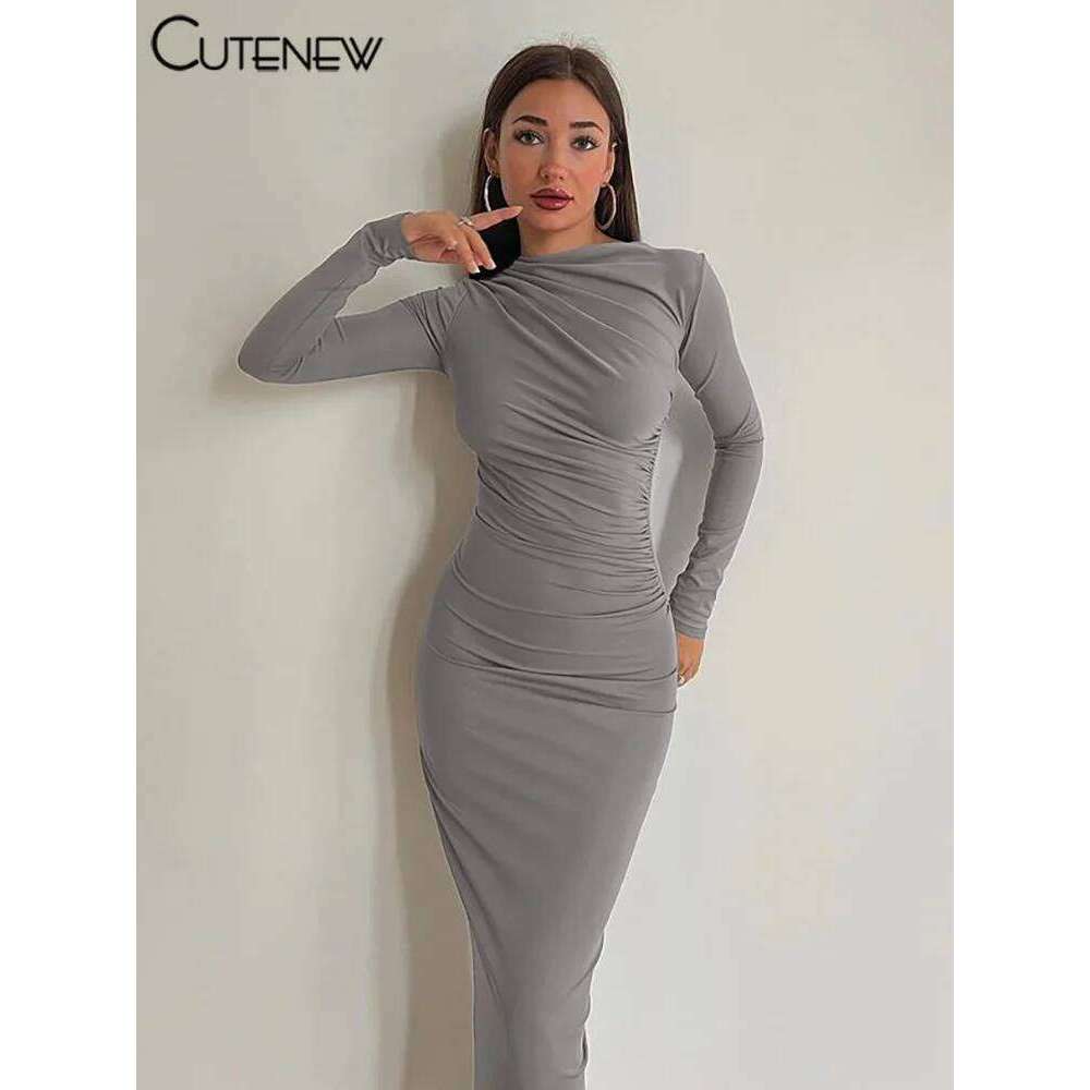 NIBBER Women's Elegant Solid O-neck Patchwork Maxi Dress Full Long Sleeves Body-shaping Robe Lady Evening Attirewear Vestidos C260312