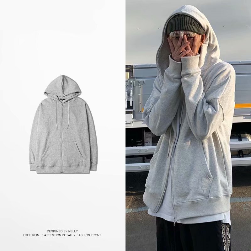 Spring And Autumn Solid Color Hong Kong Style Hooded Zip-up Sweatshirt For Female Students Trendy Loose Casual Designer Hoodie Couple's Sports Ja