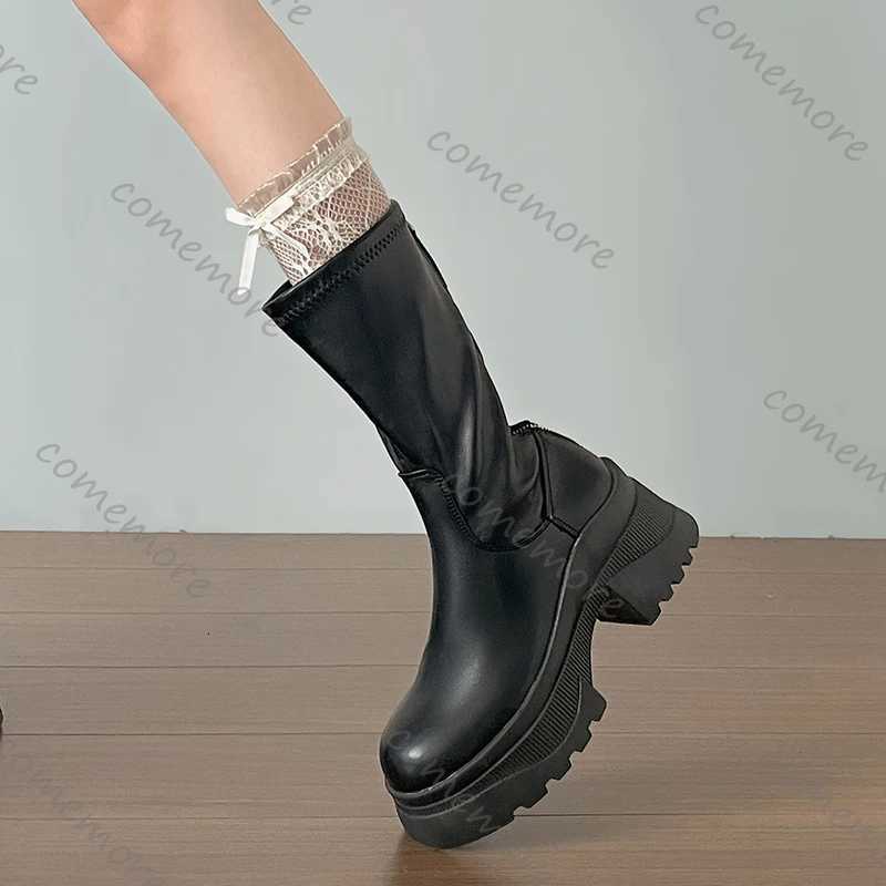 Comemore Chunky Platform Heel Women Ankle Boots Fashion Back Zippers Shoes Autumn Winter Black High Heel Leather Mid Calf Botas S260312