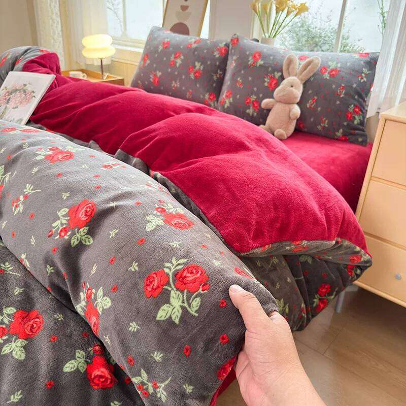 2025 new high-end milk four-piece set, bed sheet quilt cover, autumn heat storage warm fleece bedding three-piece set H260312