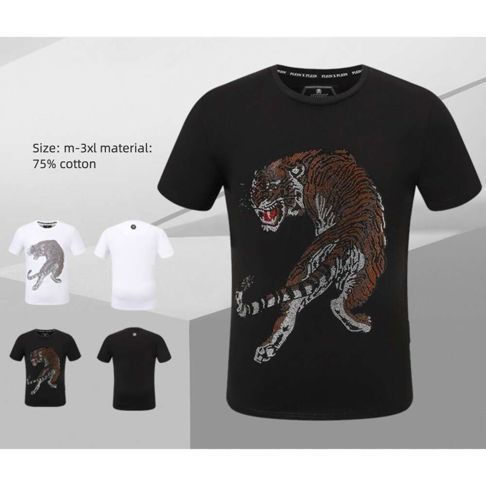 Summer New Luxury Men's Fashion Skull Design Rhinestones T-Shirt Pure Cotton Crew-Neck Casual High Quality